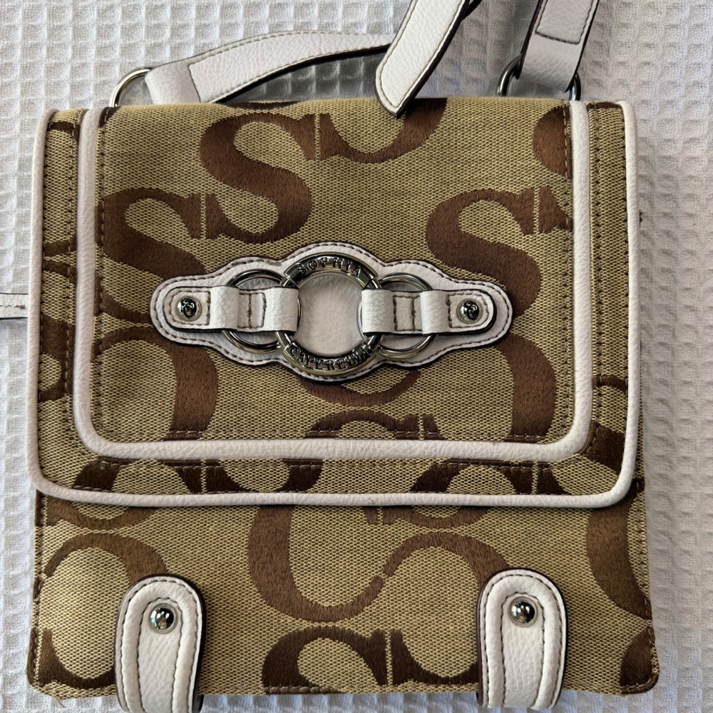 Sophia‎ Caperelli Monogram Jacquard Crossbody Bag White Leather Trim Tan Brown